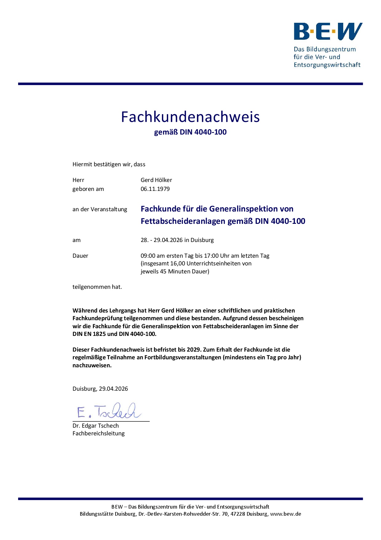 Fachkunde Fettabscheider gemäß DIN 4040-100
